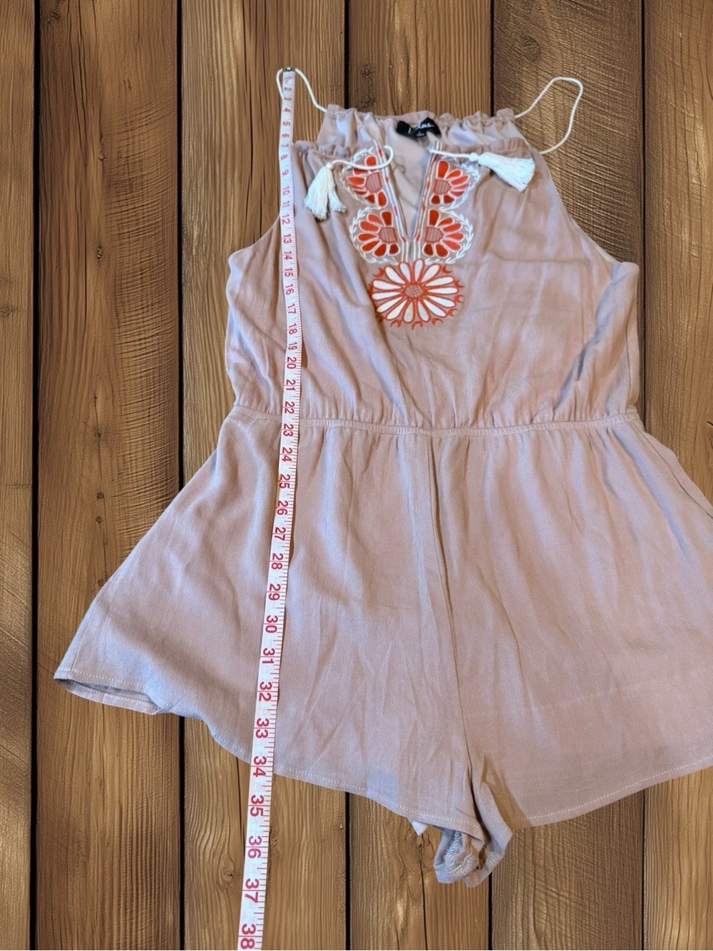 Lulus “Barcelona Beauty” Blush Pink Embroidered Tassel Boho Romper Size Large - Picture 6 of 14